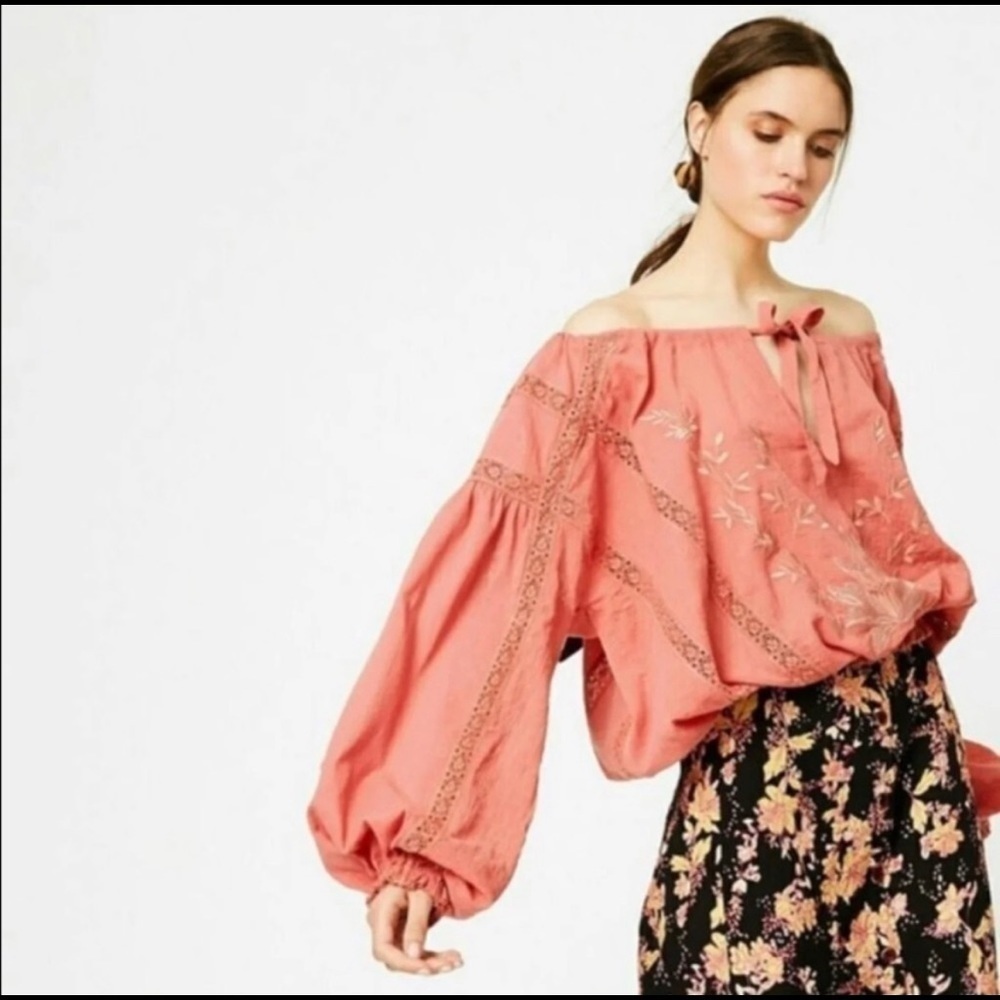 Free People Terra Cotta Maria Maria Top Ribbon Tie Gathered Waist Embroidery M